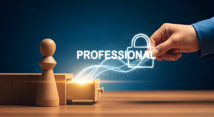Professional security concept featuring a wooden pawn open drawer glowing text and a hand holding a digital padlock against a dark blue background symbolizing protection