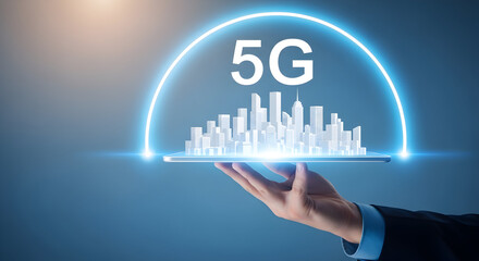 Hand holding tablet displaying 5g network over city skyline with glowing arc representing future technology and connectivity in urban development and modern communication systems