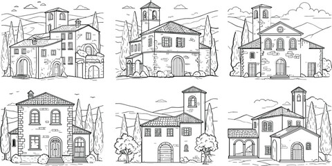 Obraz premium Collection of six hand drawn sketches of european style buildings
