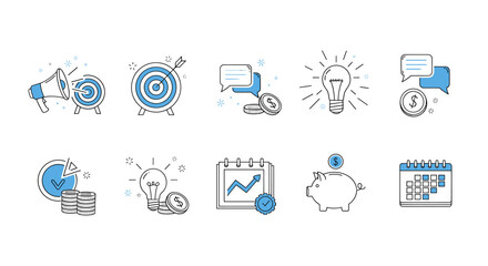 A set of hand drawn icons related to marketing, business, and finance, including a megaphone, target, lightbulb, and piggy bank isolated on