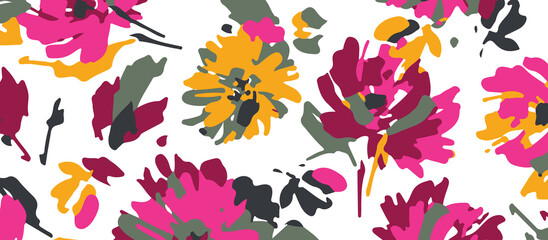 Vibrant shawls, dupatta, scarfs design abstract floral pattern with bold brushstrokes in pink yellow and grey on white background