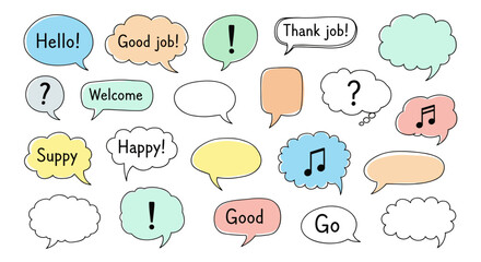 Collection of colorful speech bubbles with various messages like hello, good job, thank you, welcome, happy, and more, perfect for adding a playful touch isolated on