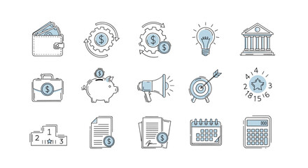 Set of business and finance icons isolated on collection of money, investment, banking, marketing and management symbols vector illustration