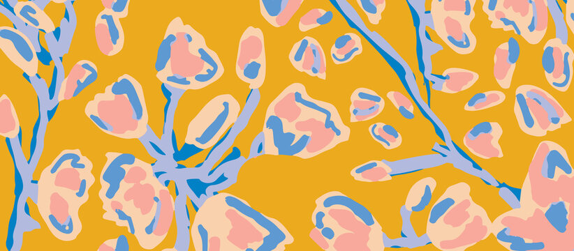Vibrant shawls, dupatta, scarfs design abstract floral pattern with organic shapes in pastel pink blue and yellow hues
