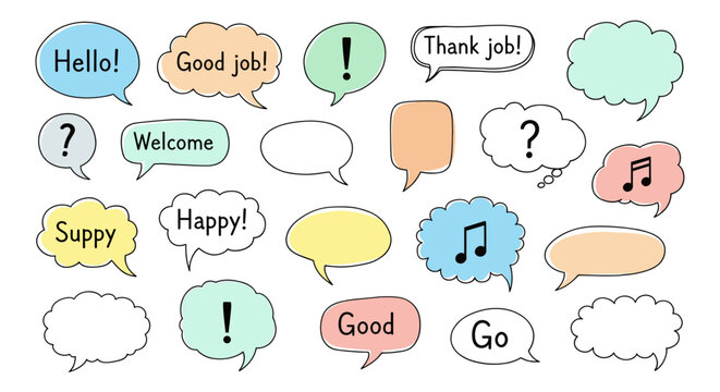 Collection of colorful speech bubbles with various messages like hello, good job, thank you, welcome, happy, and more, perfect for adding a playful touch isolated on