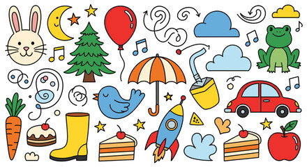 Whimsical handdrawn doodle set featuring a rabbit, moon, stars, tree, balloon, swirls, clouds, frog, musical notes, umbrella, juice, car, and various treats isolated on