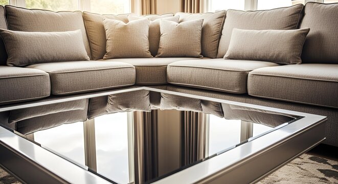 Luxury corner sofa with a polished glass table, bright interior ambiance, accurate reflections, high-fidelity textures, photographed with crisp HD realism