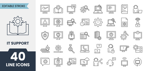 IT support line icons set with editable stroke. Contains icons related to installation, helpdesk, service, troubleshooting, problem solving and more. Vector illustration