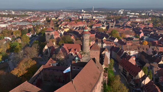 Aerial view of the Imperial Castle of Nuremberg, Germany. Historic medieval fortress, towers and old town of Nurnberg.