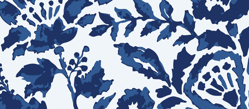 Abstract shawls, dupatta, scarfs design indigo blue floral pattern on white background with organic brush strokes and painterly texture