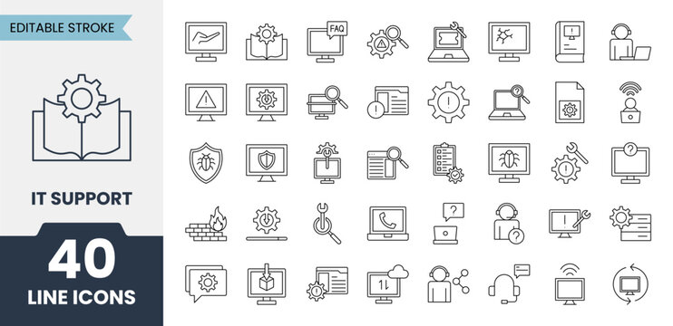 IT support line icons set with editable stroke. Contains icons related to installation, helpdesk, service, troubleshooting, problem solving and more. Vector illustration