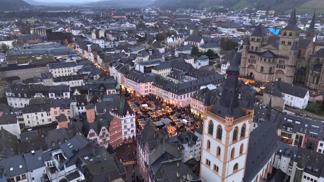 New Year in Trier, Germany. Trierer Weihnachtsmarkt, Aerial view of Hauptmarkt, Cathedral of Trier and Christmas market.