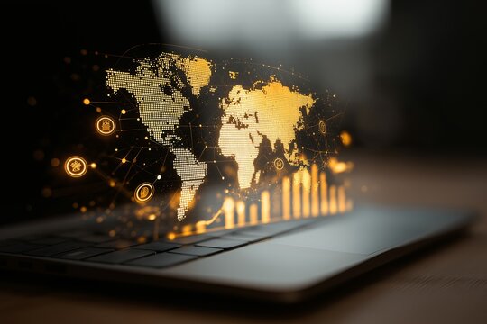 Global business expansion strategy concept with glowing holographic world map, digital data, and financial growth chart laptop, representing innovation and technology international market analysis