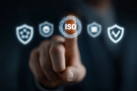 Finger touching glowing ISO icon, digital interface with security and data protection symbols, modern technology concept, blue background, innovation and compliance, futuristic business