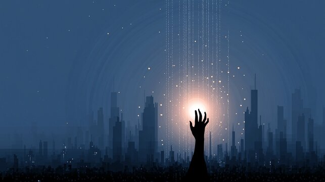Hand reaching toward glowing light with digital rain, city silhouette in background, futuristic night scene, hope and aspiration, soft blue tones, uplifting mood