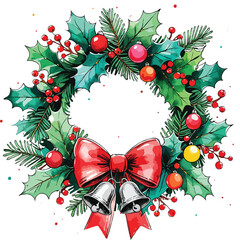 a wreath made of holly leaves and pine leaves with red berries big bow at the bottom center