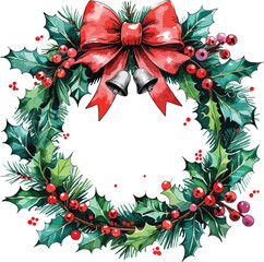 a wreath made of holly leaves and pine leaves with red berries big bow at the top center
