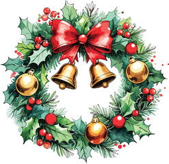 a festive wreath made of holly leaves and pine leaves with red berries and two big golden bells