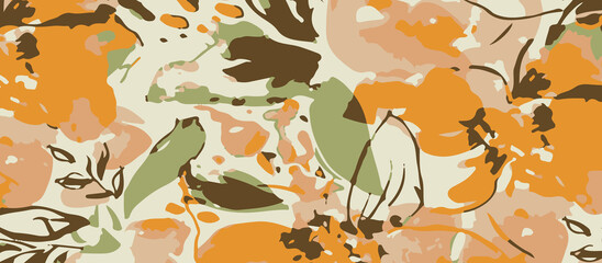 Abstract shawls, dupatta, scarfs design floral pattern with organic shapes and brushstrokes in warm earthy tones of orange brown and green