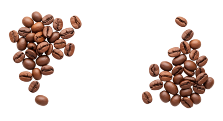 Scattered coffee beans forming abstract shapes isolated on transparent background