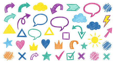 Set of colorful hand drawn doodle elements isolated on collection of sketch symbols, speech bubbles, arrows, shapes, and other design elements for decoration