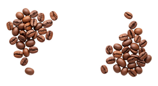 Scattered coffee beans forming abstract shapes isolated on transparent background