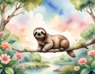 Obraz premium A charming illustration of a sloth resting on a branch, surrounded by vibrant flowers and a serene river landscape under a pastel sky.