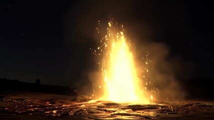Dramatic eruption of a geyser at night with starry sky and golden light. Geothermal natural wonder landscape. - Powered by Adobe