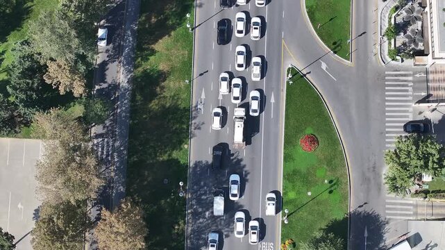 Aerial Top-Down View of Traffic and City Road, Azerbaijan drone footage