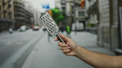 Man holding grater on busy city street captures urban lifestyle with european backdrop, highlighting a unique blend of culinary and outdoor elements in an everyday scene.