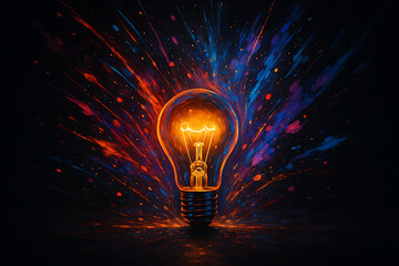 Glowing incandescent light bulb with colorful abstract paint explosion representing creativity bright ideas imagination and innovation inspiration