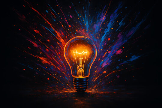 Glowing incandescent light bulb with colorful abstract paint explosion representing creativity bright ideas imagination and innovation inspiration