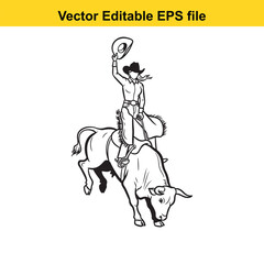 Fototapeta premium Black and white line art vector illustration of a female rodeo rider successfully bull riding while holding up her cowboy hat, isolated on