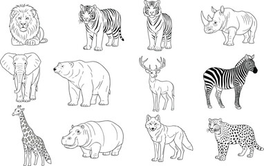 Black and White Outline Set of African and Wild Animals Collection for Safari, Zoo, Nature and Wildlife Concepts.