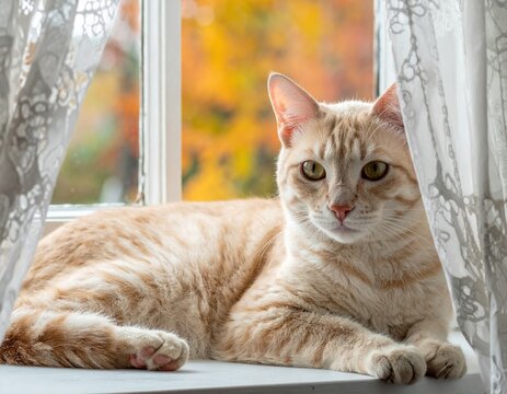 A curious orange tabby cat relaxes on a windowsill, framed by delicate curtains, with vibrant autumn foliage visible outside. - Powered by Adobe