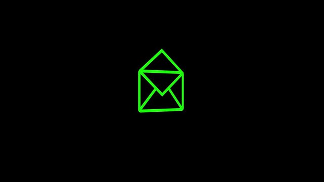 Open mail in box notification icon animation. open green message box icon animation on a black background. 4k video