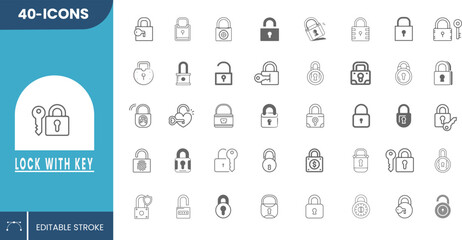 40 Lock with Key Icons Set – Editable Vector for Data Protection, Secure Login, Privacy Control, and User Interface Design.