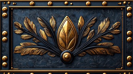 Gold leaf ornate frame, dark blue background, decorative panel, interior design element