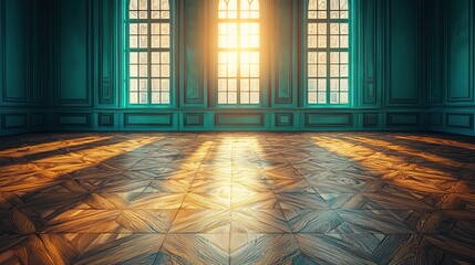Sunlit grand room, parquet floor, teal walls, interior design, architectural photography, home decor