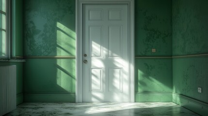 Sunlit doorway in a neglected green room, interior design, abandoned building