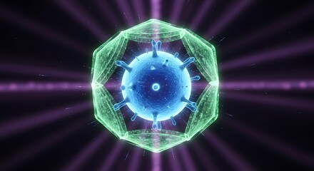 A blue microscopic virus or bacteria surrounded by a glowing green hexagonal shield, symbolizing immunity, protection, medical defense, and technological security