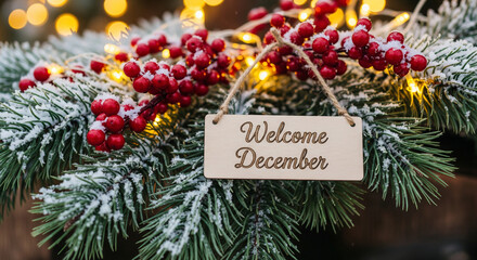 welcome december, pine branch, frosted leaves, red berries, warm lights, winter close-up, holiday macro, christmas nature, cozy holiday, december greeting, bokeh lights, natural decor, snowy details, 