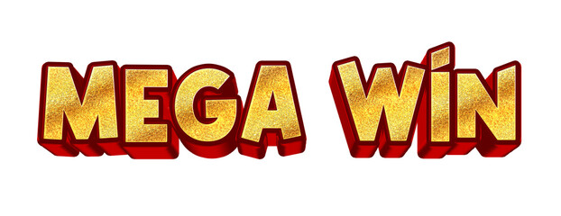 Golden 3D “MRGA WIN” text with glitter texture and red bold shadow, isolated on a transparent background. Perfect for slot games, casino UI, jackpot screens, and promotional graphics.