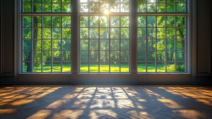 Sunlit room, large window, green garden view, hardwood floor, peaceful morning