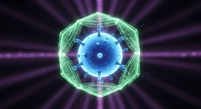 A blue microscopic virus or bacteria surrounded by a glowing green hexagonal shield, symbolizing immunity, protection, medical defense, and technological security