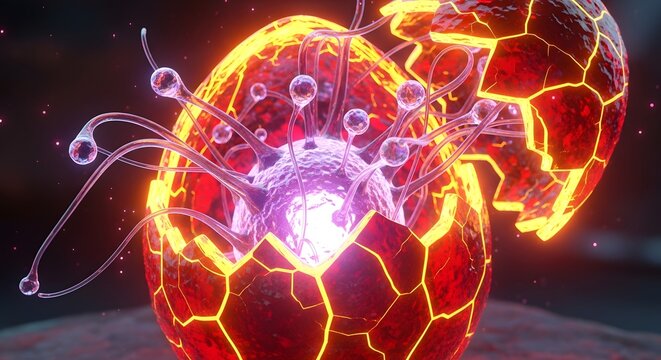 A dangerous glowing creature with tentacles and a vibrant purple core emerging from a cracked egg shell structure outlined with intense red and yellow lava light - Powered by Adobe