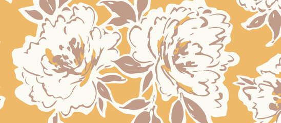 Abstract shawls, dupatta, scarfs design floral pattern with large blooming peonies in muted pastel colors on a warm ochre background © Pattern Jungle