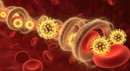 A detailed 3D illustration showing infectious virus particles and spiral DNA strands circulating among red blood cells within a deep red bloodstream