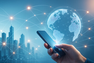 International digital network technology with mobile phone connecting world communications across modern urban city environment