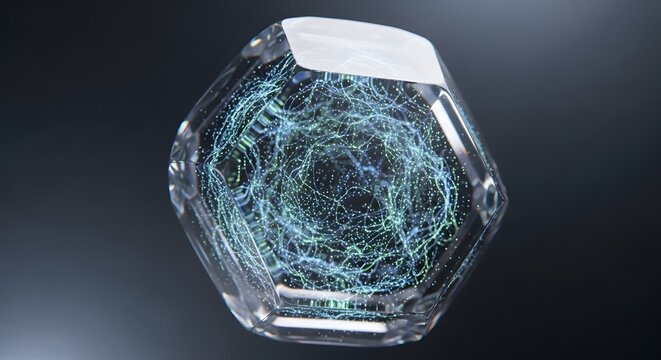 A futuristic 3D rendering of a multifaceted crystal holding a glowing abstract network of lines and data points, symbolizing technology and computational power